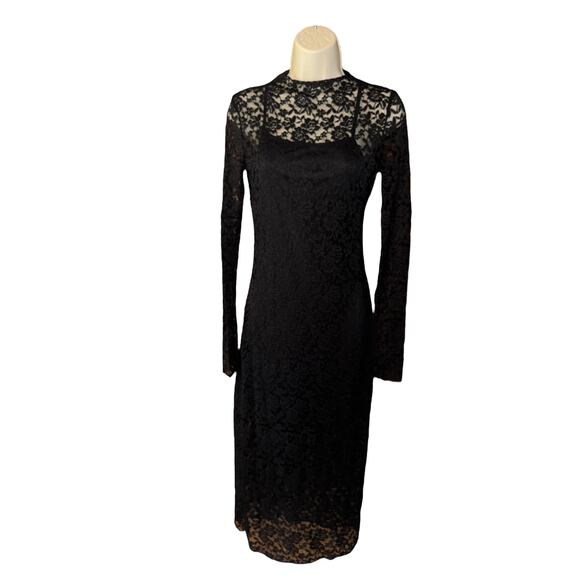 Vestique Black Lace Sheer Overlay Long Sleeve Midi Dress | NWOT | Size S - Picture 1 of 9
